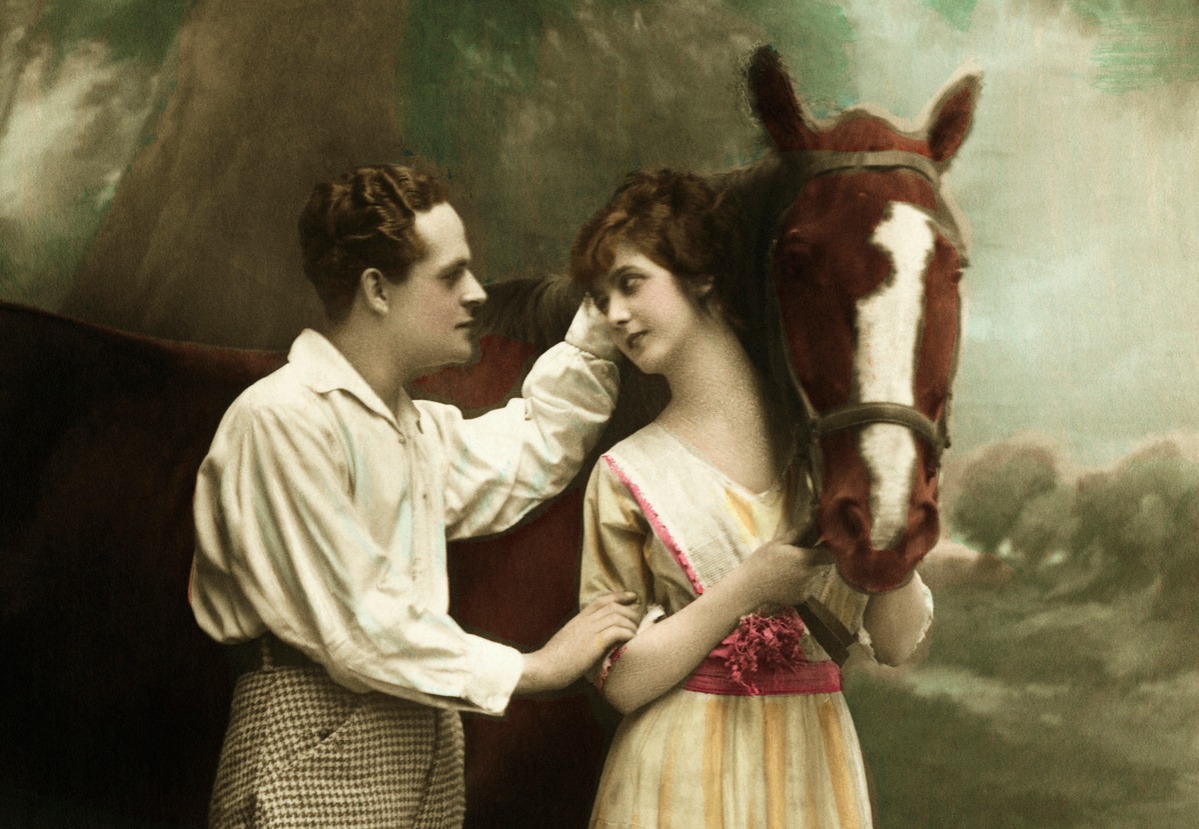 Couple Standing Next to Horse Undated. Men Women Victorian horse etiquette