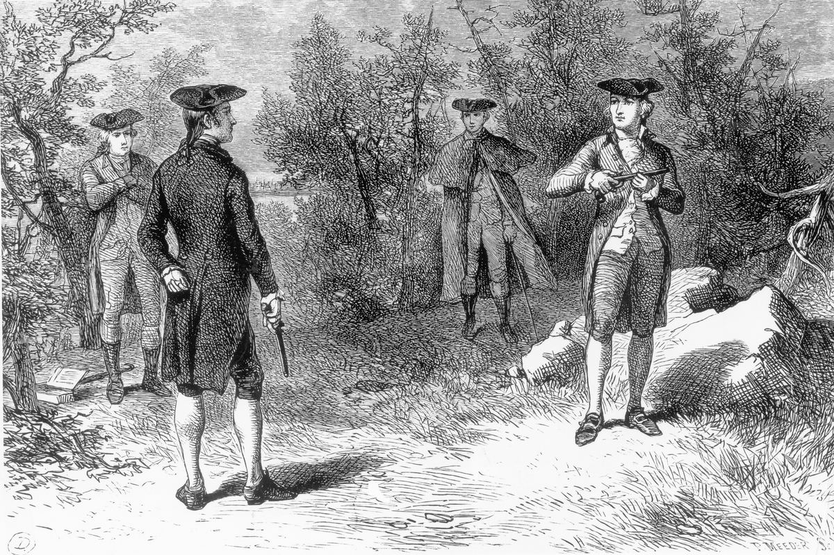 Illustration of Alexander Hamilton and Aaron Burr Preparing to Duel