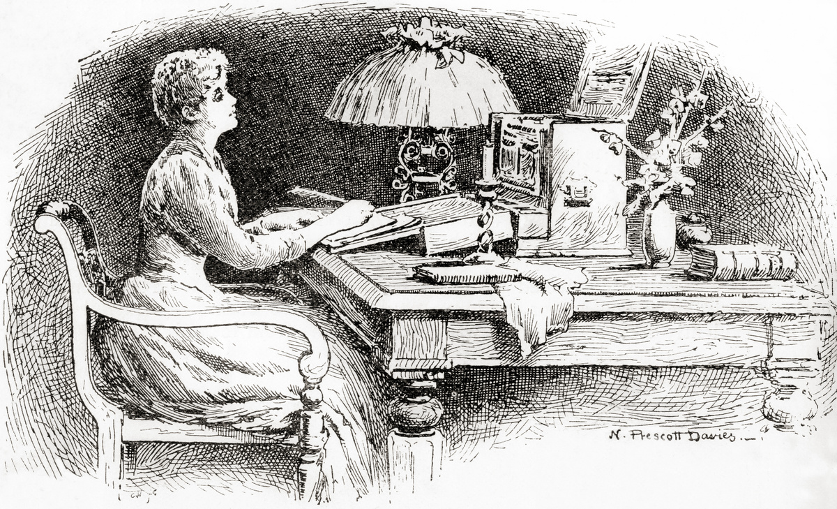 A woman writing a letter at a bureau in 1891