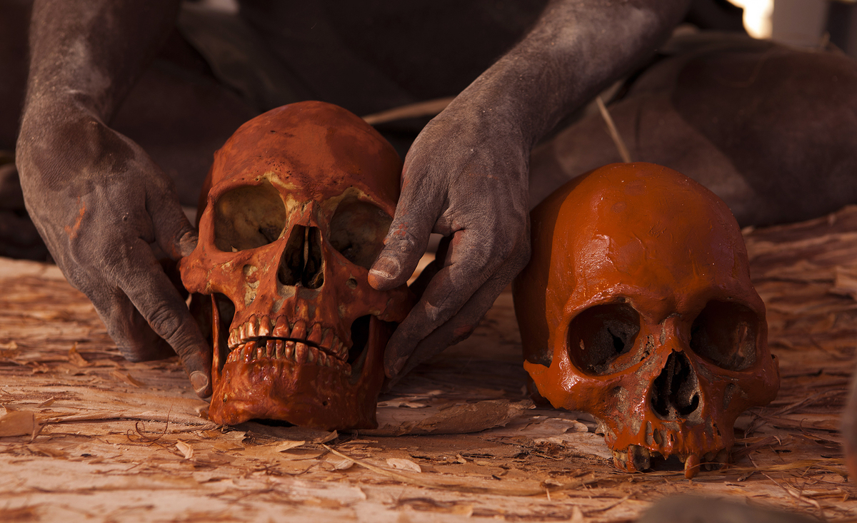 Skulls are painted with red ochre - eremonial reburial of Aboriginals