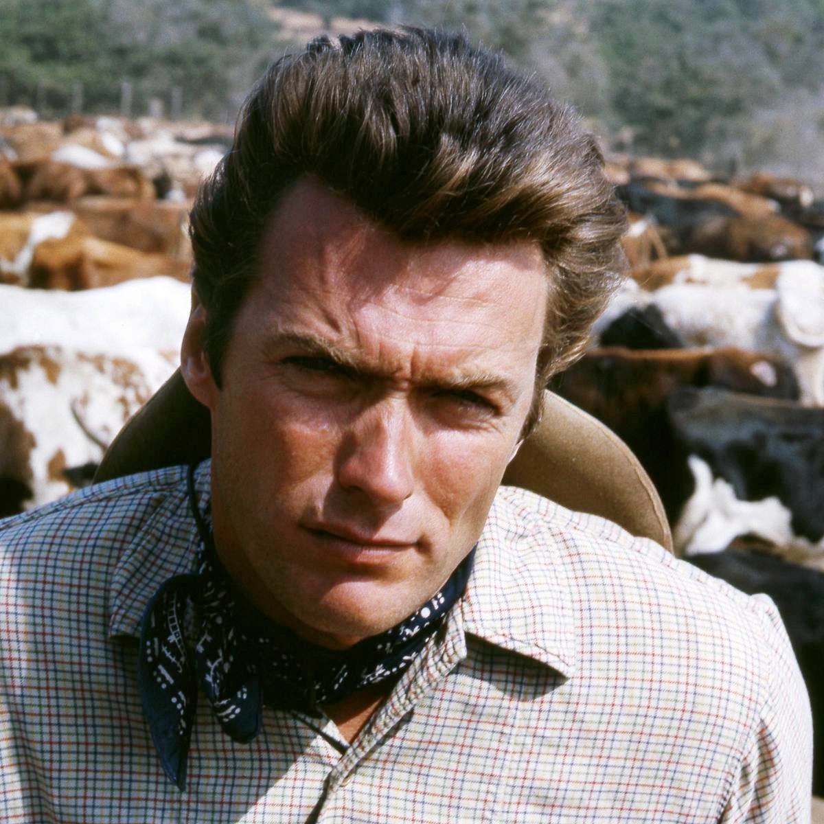 Clint Eastwood, US actor, wearing a fine check shirt and blue neck scarf in a publicity portrait issued for the US television series, 'Rawhide', USA, circa 1960.