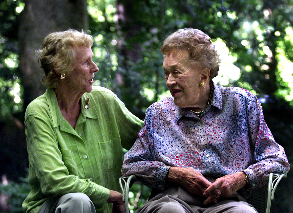 French chef Julia Child, right, chats with old friend, Pat Pratt in Cambridge, Mass