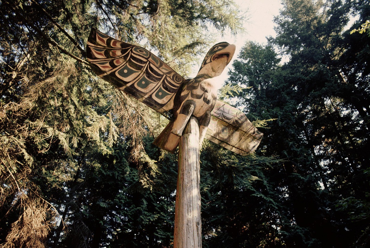 Eagle mortuary pole carved to commemorate a high ranking deceased