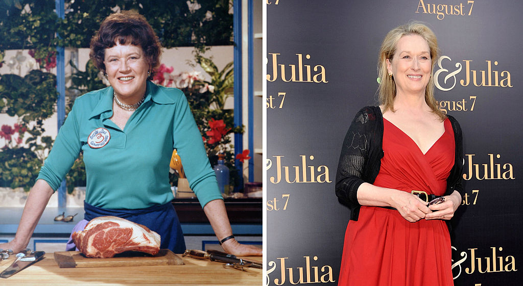 composite image a comparison has been made between Julia Child (L) and actress Meryl Streep. Actress Meryl Streep played American chef, author, and television personality Julia Child in a filmlike biopic 'Julie & Julia'