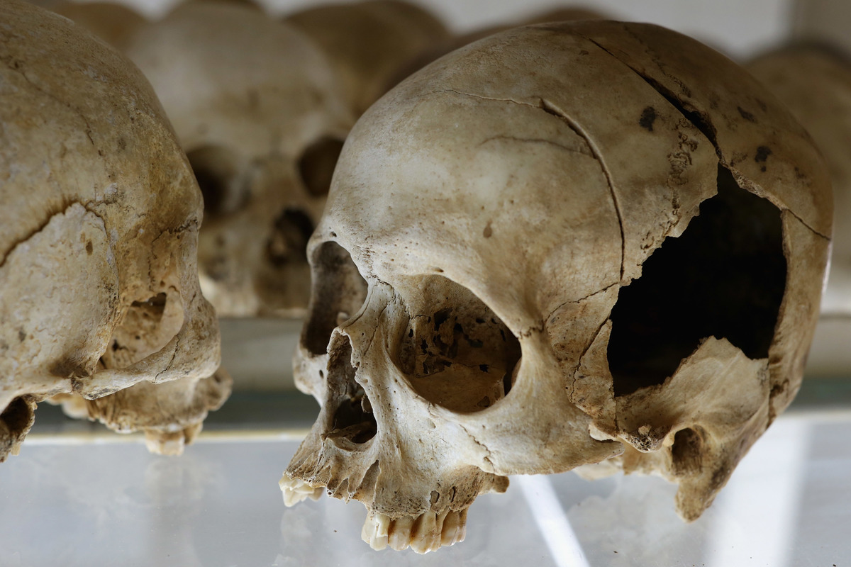victims' skulls are displayed on glass shelves inside one of the crypts at the Nyamata Catholic Church genocide memorial