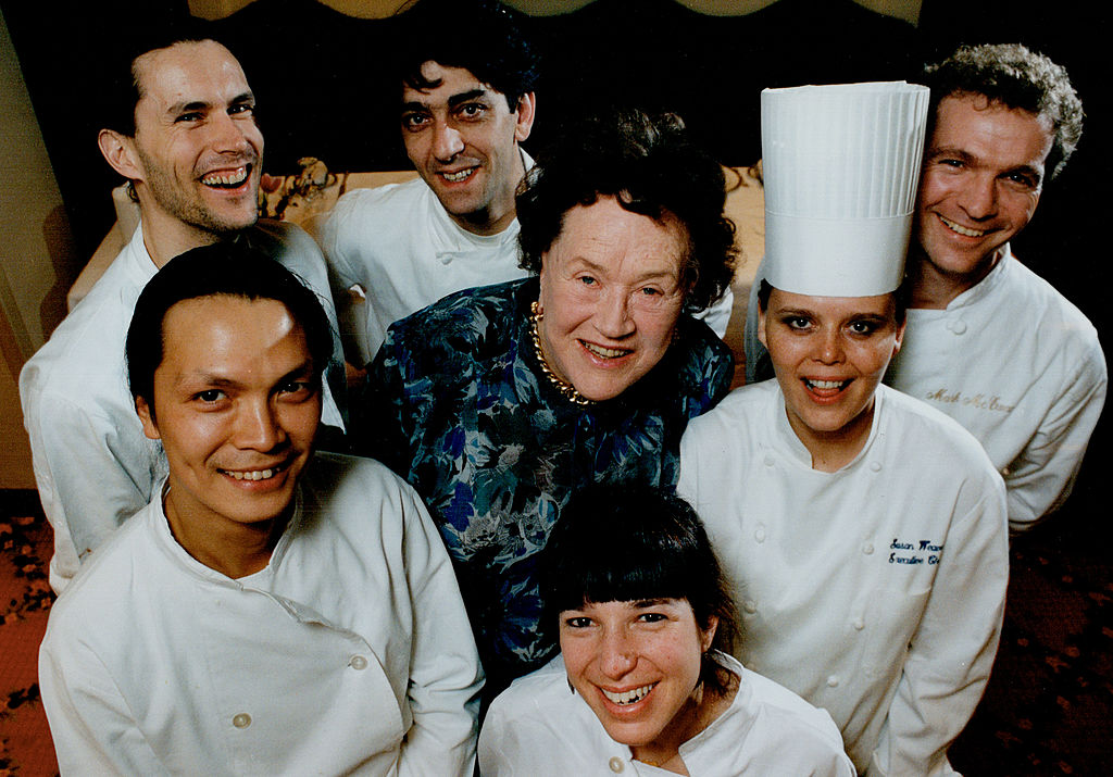Julia Child, centre, meets, clockwise from bottom, top chefs Joanne Yolies, Susur Lee, Jamie Kennedy, Didier Leroy, Mark McEwan and Susan Weaver.