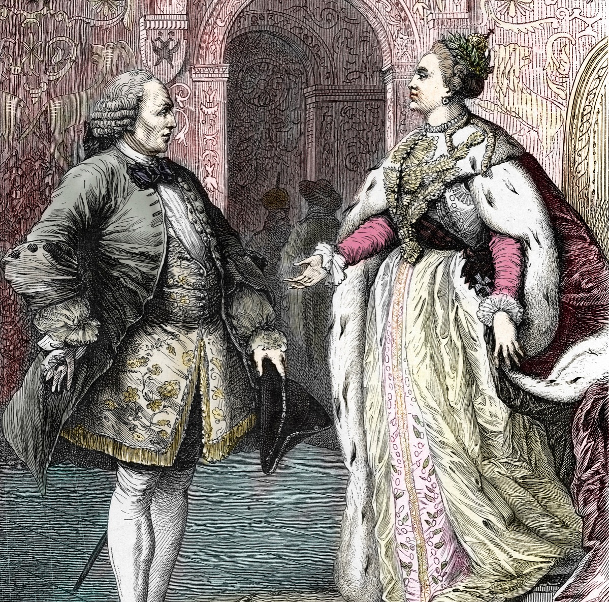 French philosopher Denis Diderot received by russian empress Catherine the Great in St Petersburg, 1773 - 1774) Engraving 19th century Private collection