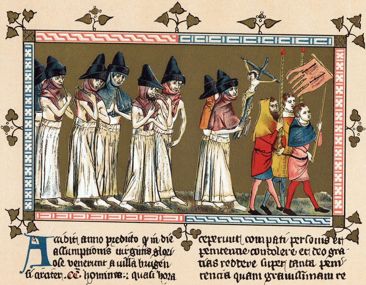Flagellants or Brothers of the Cross in Netherlands town of Doornik 1349 scourging themselves as they walk through streets in order to free world from Black Death