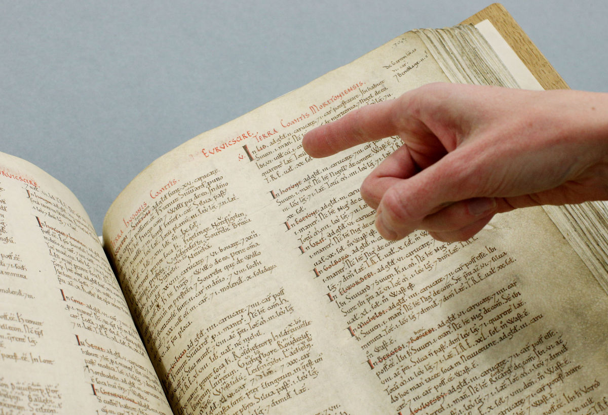 A general view of the original Domesday Book on display at The National Archives in Kew, London