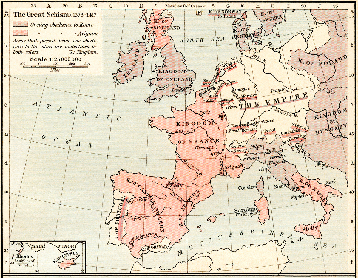 Map of The Western Schism, or Papal or Great Schism, 1378 - 1417, showing allegiance of European countries