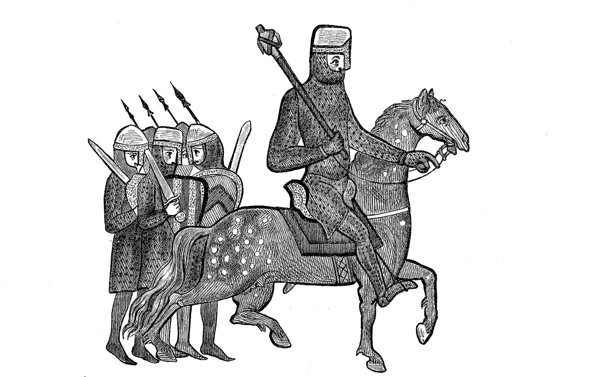 Knight with retinue, illustration from the year 1190, from the manuscript of the yearbooks of Genoa