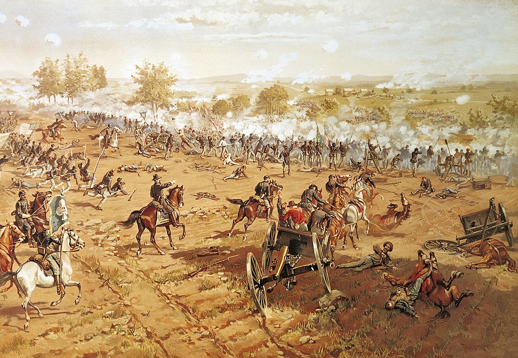 print of battle of gettysburg with soldiers on horses
