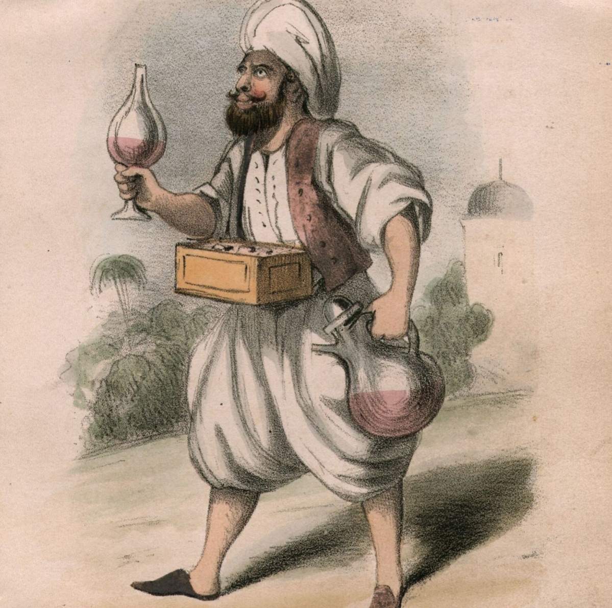 circa 1820: A man selling drinks of sherbet in the street.