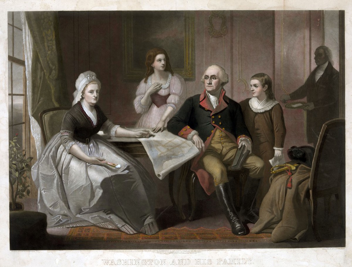 ashington and his family: George and Martha Washington seated at table, Nelly Custis and George Washington Custis standing, servant entering the room. 