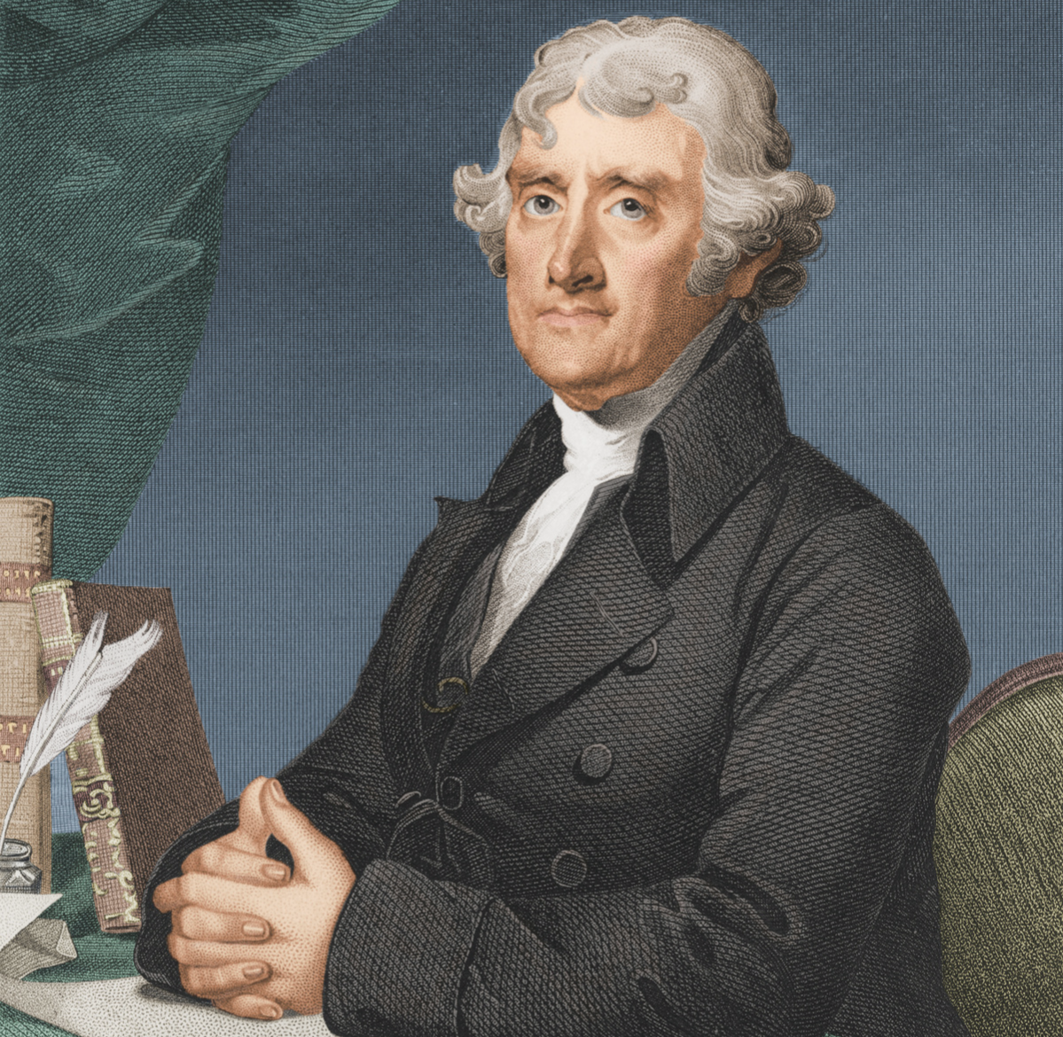 Colorized engraved portrait of American President Thomas Jefferson (1743 - 1826), early 1800s.