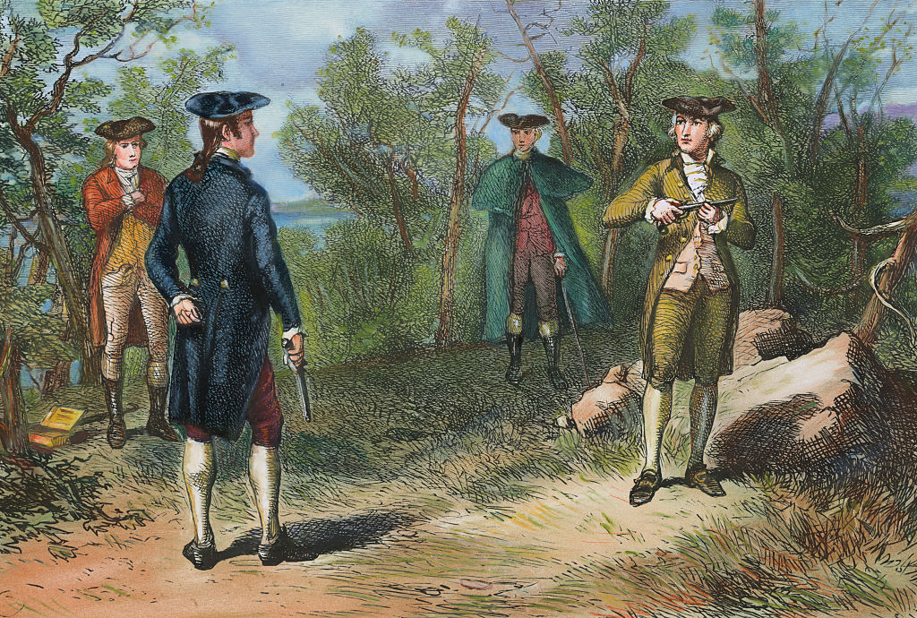 colored illustration of alexander hamilton duel with aaron burr
