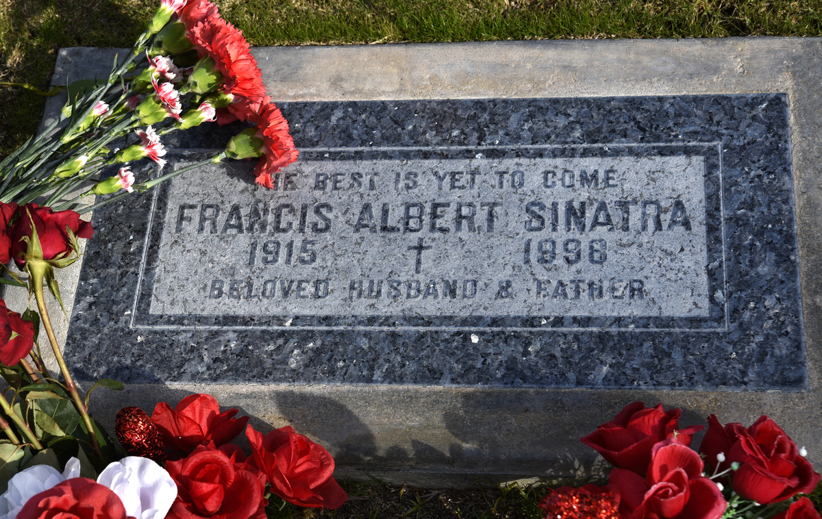 The simple tombstone and grave of singer Frank Sinatra is at Desert Memorial Park in Cathedral City, California