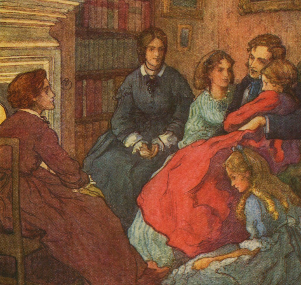 A painting shows the family in Little Women, gathered and holding on to the father.