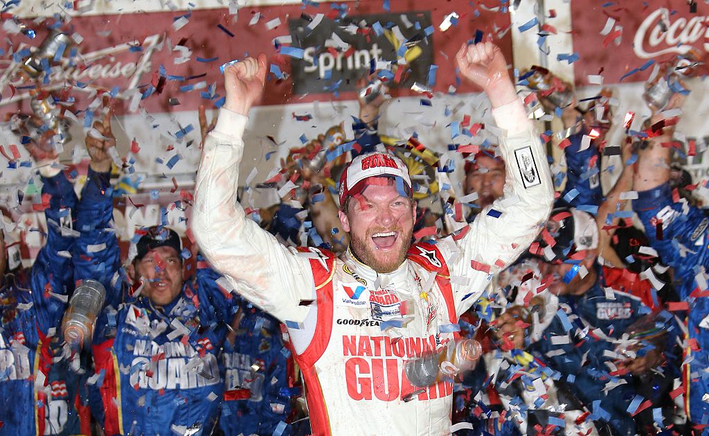 dale earnhardt jr celebrates winning his second career daytona 500