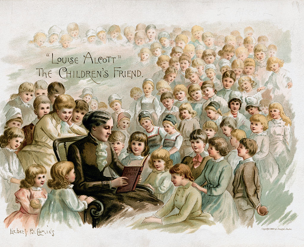 A color drawing shows Louisa seated and reading Little Women to a sea of children who surround her.