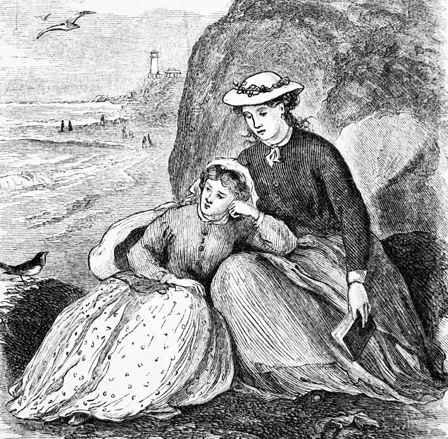 A black and white sketch done by May shows her sister Beth leaned into the lap of Louisa on the beach.