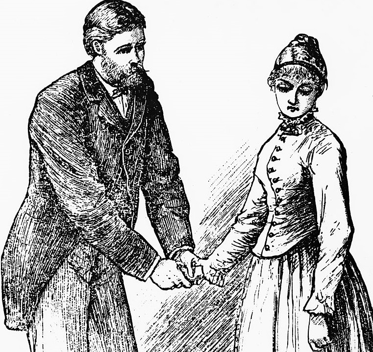 An illustration for Little Women shows and older man holding the hand of a younger girl, while looking at her with concern.