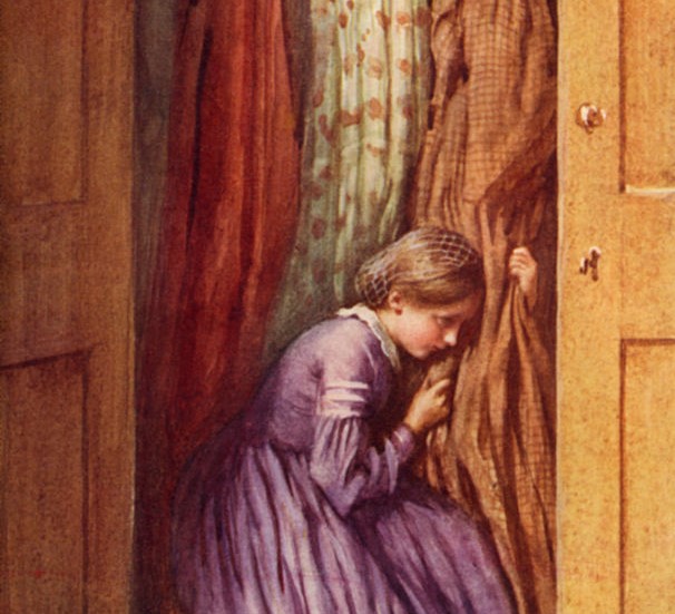 A painting of young Beth portrays her hundled in the coat closet, missing her mother.