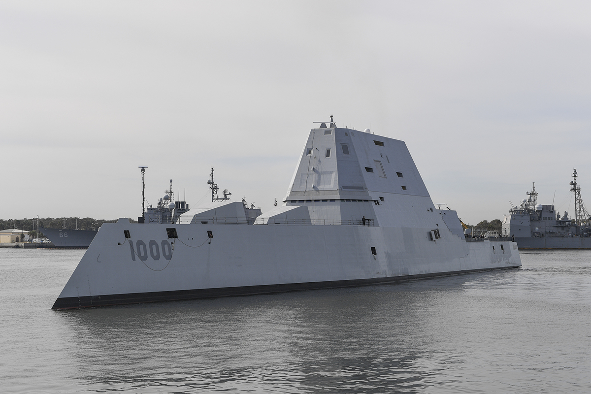 The guided-missile destroyer USS Zumwalt (DDG 1000) in the Naval Station Mayport