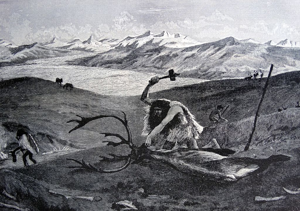 A painting depicts a hunter during the Ice Age using a blunt instrument to take down a reindeer