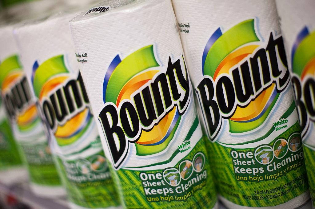 Procter & Gamble (P&G) Bounty brand paper towels are on displayed on the shelf at a supermarket