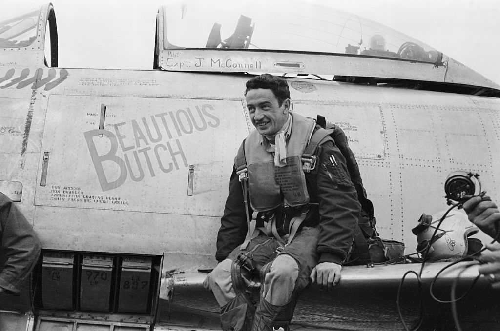 McConnell on the wing of a plane