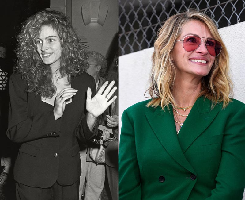 Young Julia Roberts talks at a party and older Julia smiles at an event.