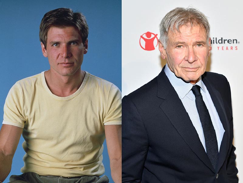 Young Harrison Ford is pictured before a blue screen alongside the older Harrison Ford in a suit.