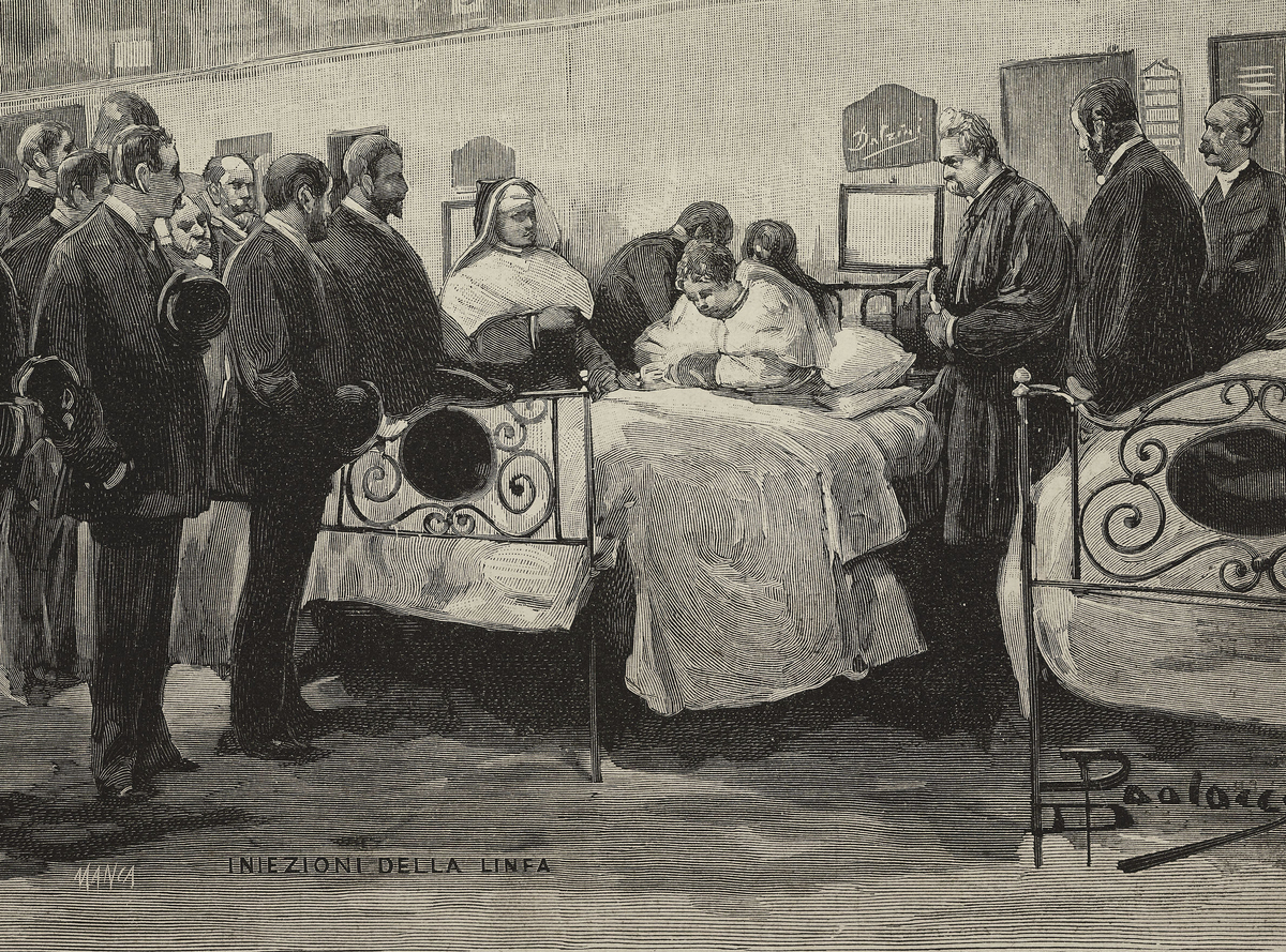 Experiments using Robert Koch's lymph method being done by Dr Baccelli on a tuberculosis patient at the Santo Spirito hospital, Rome, Italy, engraving by Manza from a drawing by Dante Paolocci, 1890