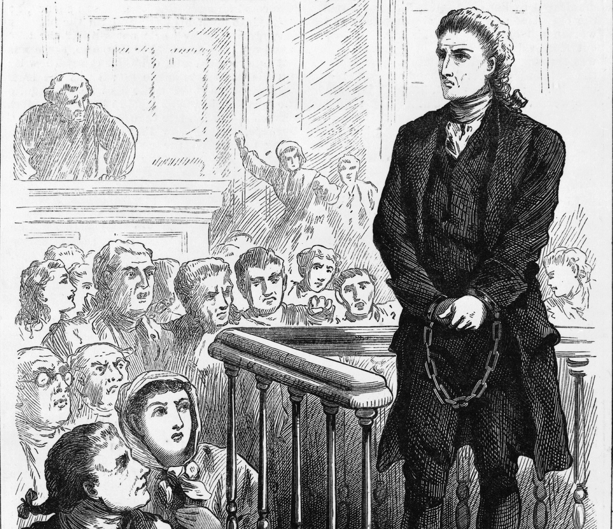 Illustration, entitled 'The Legend of Salem,' depicts Reverend George Burroughs, accused of witchcraft, as he stands in chains before a court