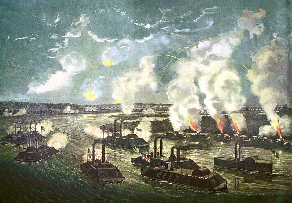 Ships cast fire across the bay.