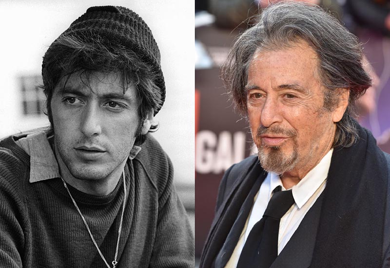 A black and white photo of young Al Pacino is beside a recent photo of him.