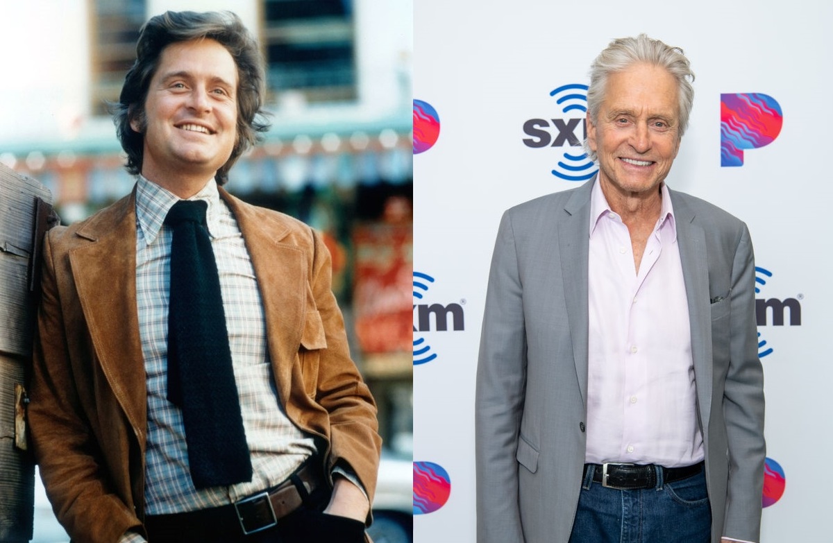 A side-by-side shows young and aged Douglas smiling.