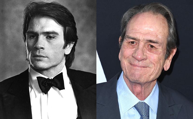 Young Tommy wears a tux and straight face while older Tommy grins.