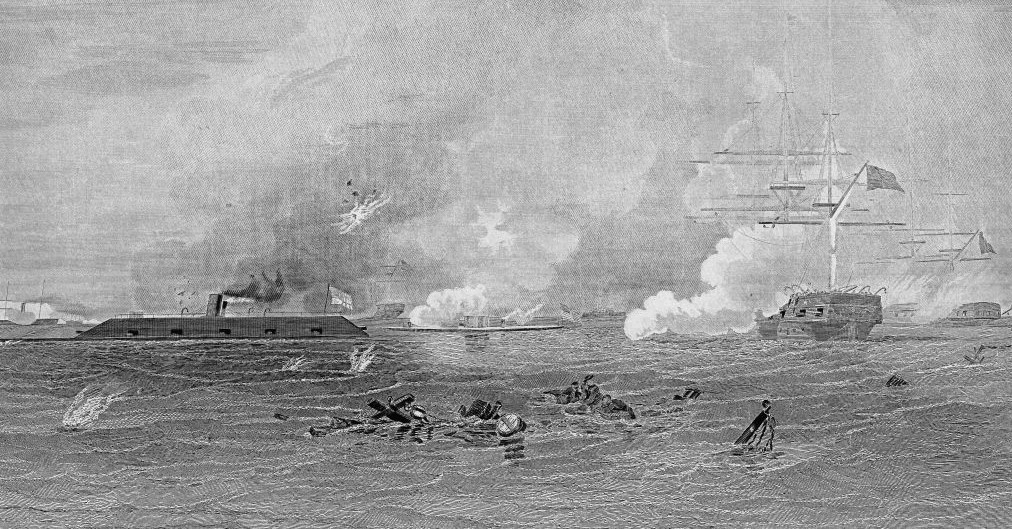 The Union's ships stands off with the Confederate ship.