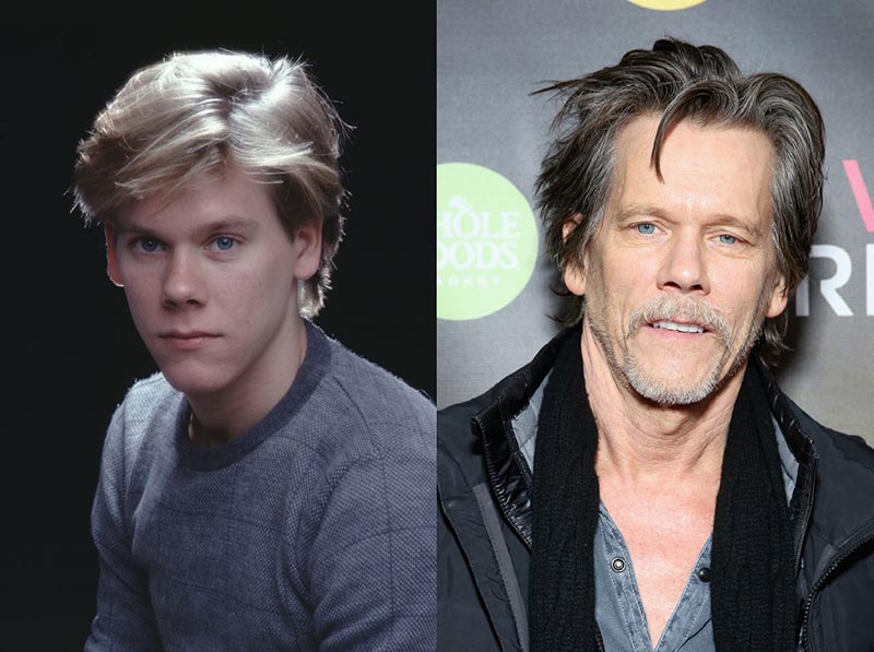 A headshot of Kevin Bacon at the start of his career is beside a recent photo of him.