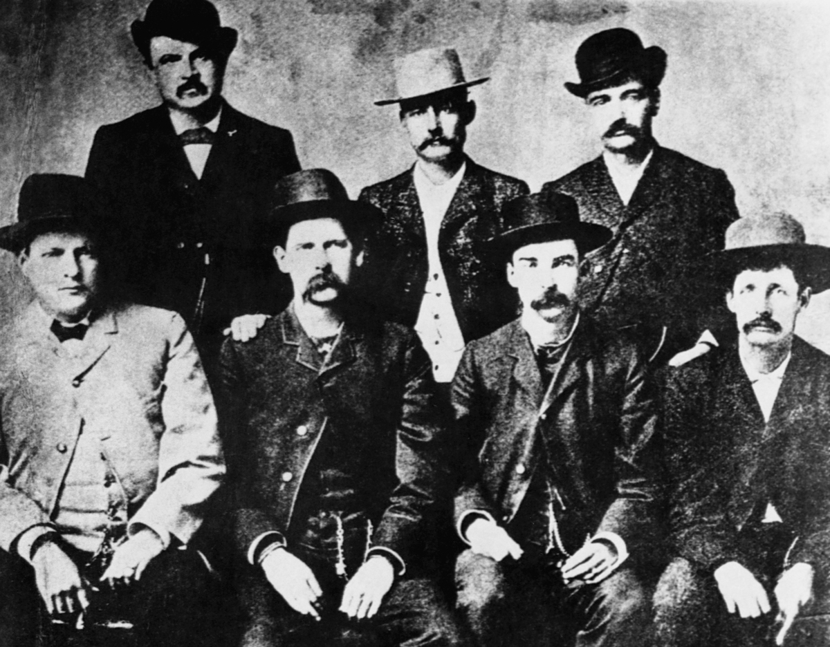 Dodge City, Kansas Peace Commissioners (L to R): Charles Bassett, W. H. Harris, Wyatt Earp, Luke Short, L. McLean, Bat Masterson, Neal Brown, ca. 1890.