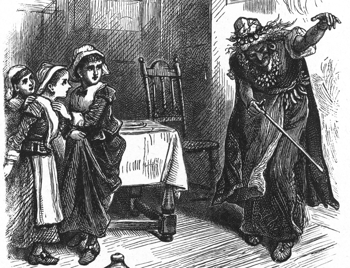 Illustration depicts enslaved Barbadian woman Tituba in a room with three Puritan girls, Salem, Massachussetts, 1690s.