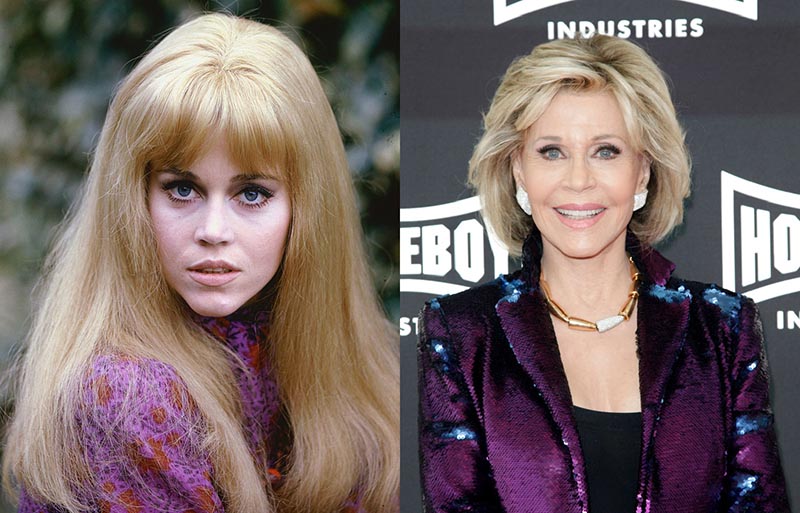 A modeling photo of Jane Fonda is next to a recent photo taken of her at an event.