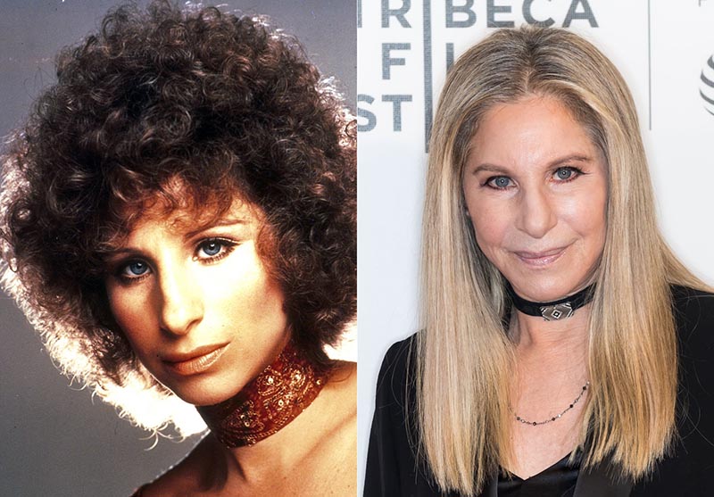 Young Barbra has a brunette afro and older Barbra has straight, blonde hair.