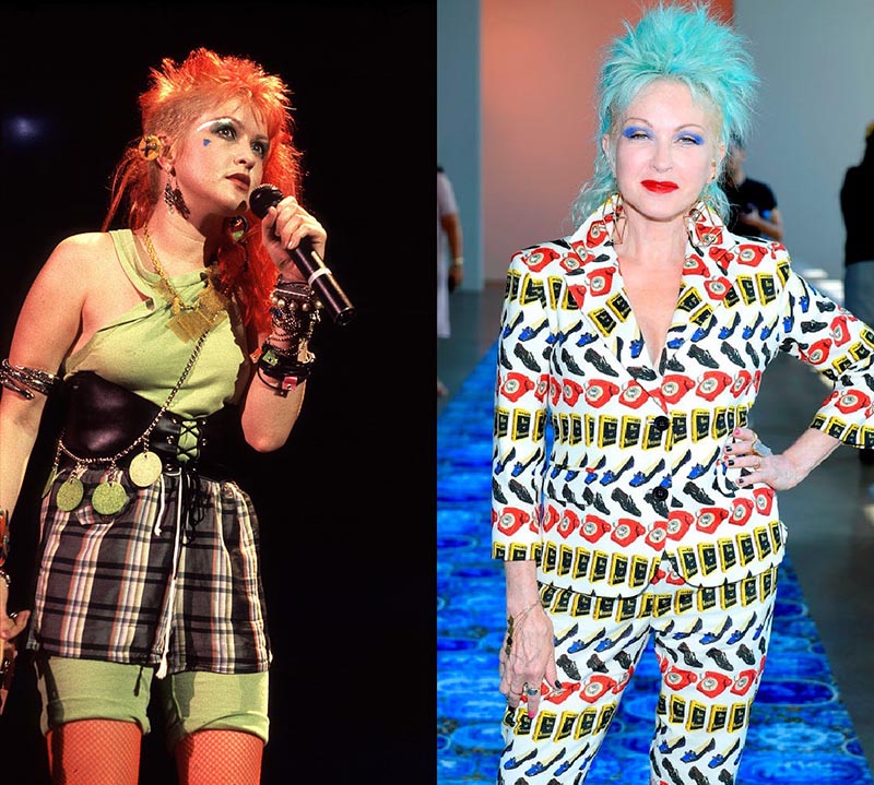 Cyndi Lauper has red hair in youth and electric blue hair while on a runway recently.