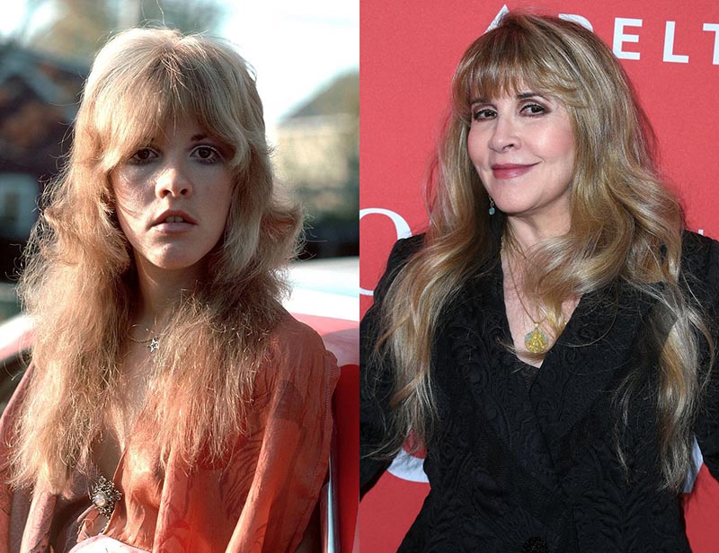 Young Stevie Nicks models while older Stevie Nicks smiles for the cameras.