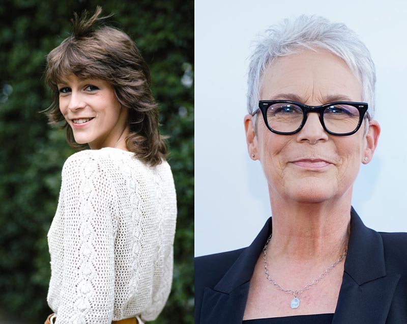 A young Jamie Lee Curtis turns to the camera and an older Curtis smiles with white hair.
