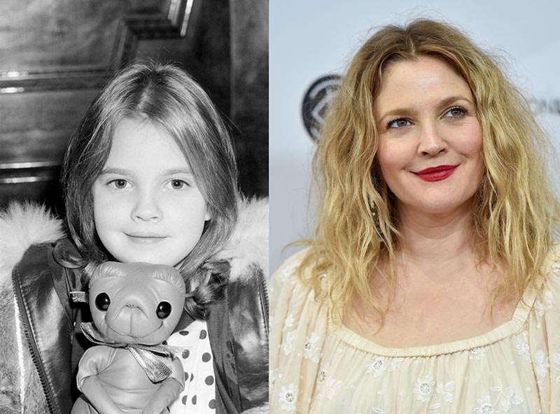 Young Drew Barrymoore on the set of E.T. is beside a recent photo of her.