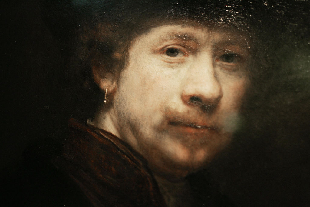 Photo shows a detail from a portrait in the exhibition of Dutch artist Rembrandt van Rijn